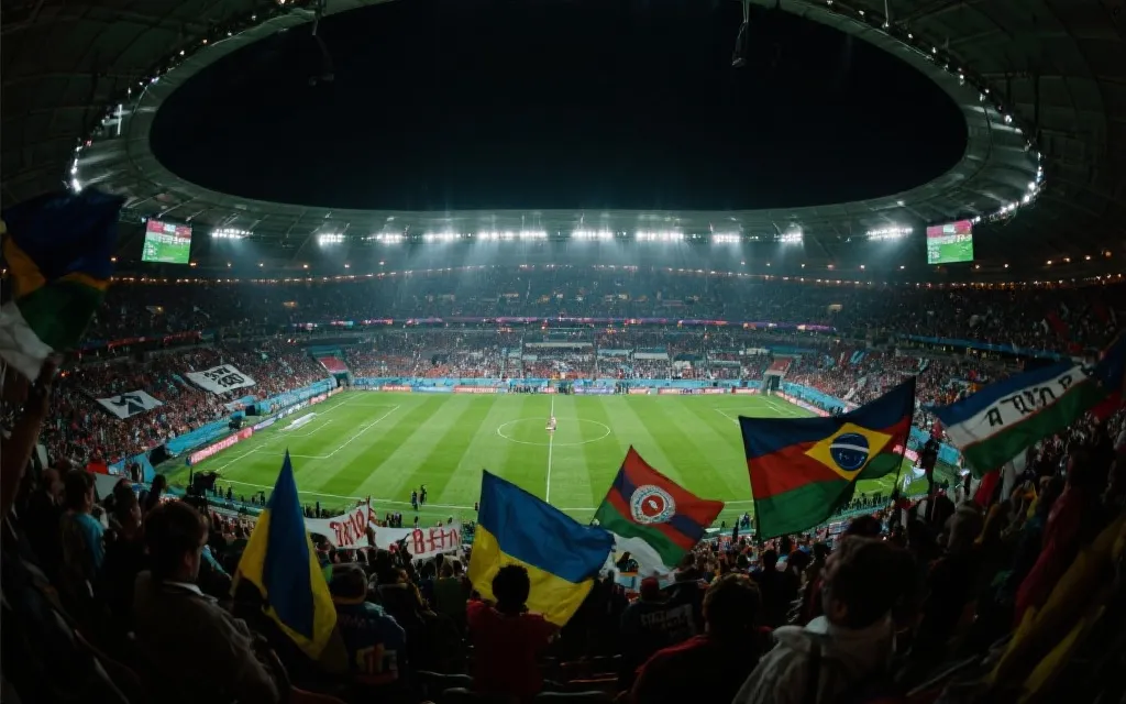 决赛球场内看台视角，人群挥舞旗帜，灯光与草坪形成强烈对比