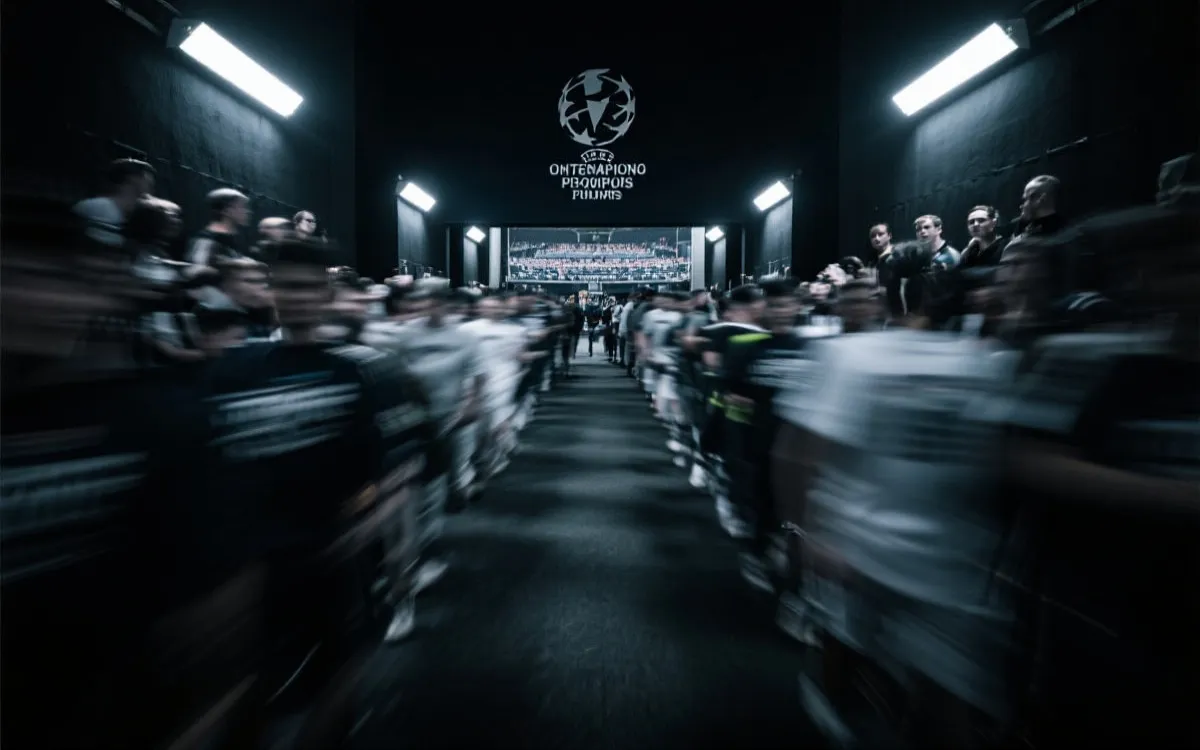 跨洲附加赛氛围：球场通道灯光与紧张对决的抽象画面